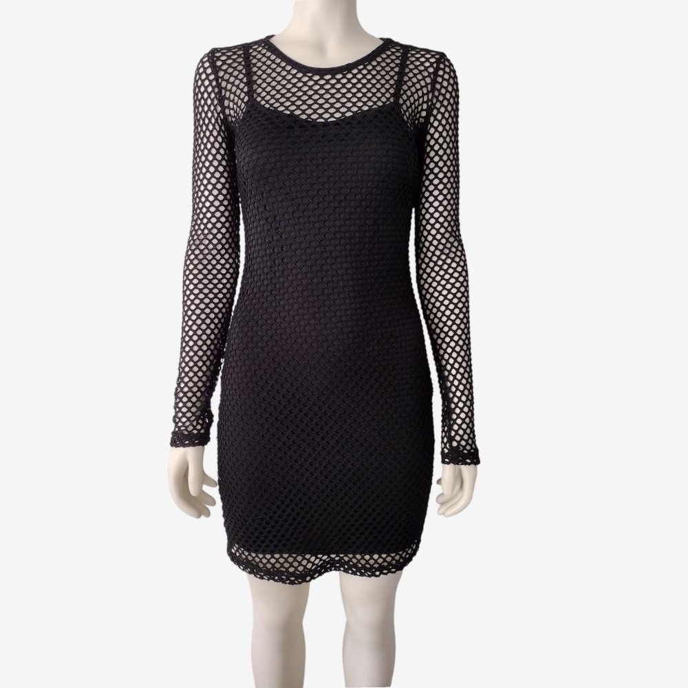 Vintage 1990s Black Fishnet Mesh Long Sleeved Fitted Pullover Dress